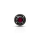 Silver ring with center maroon round gemstone.