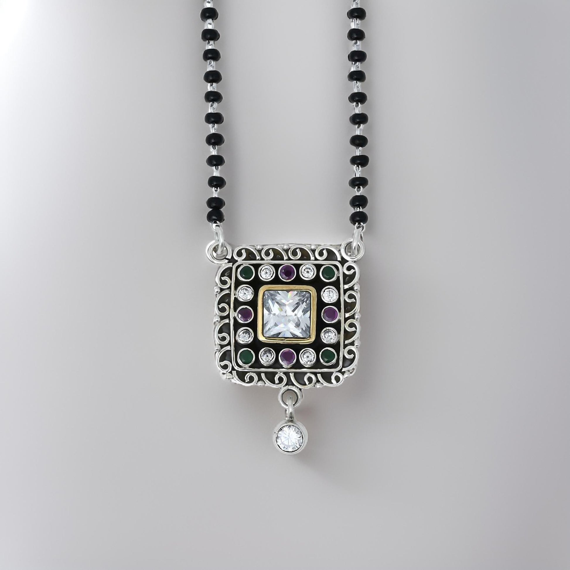 Elegant sterling silver mangalsutra featuring a bold square design with a central CZ stone