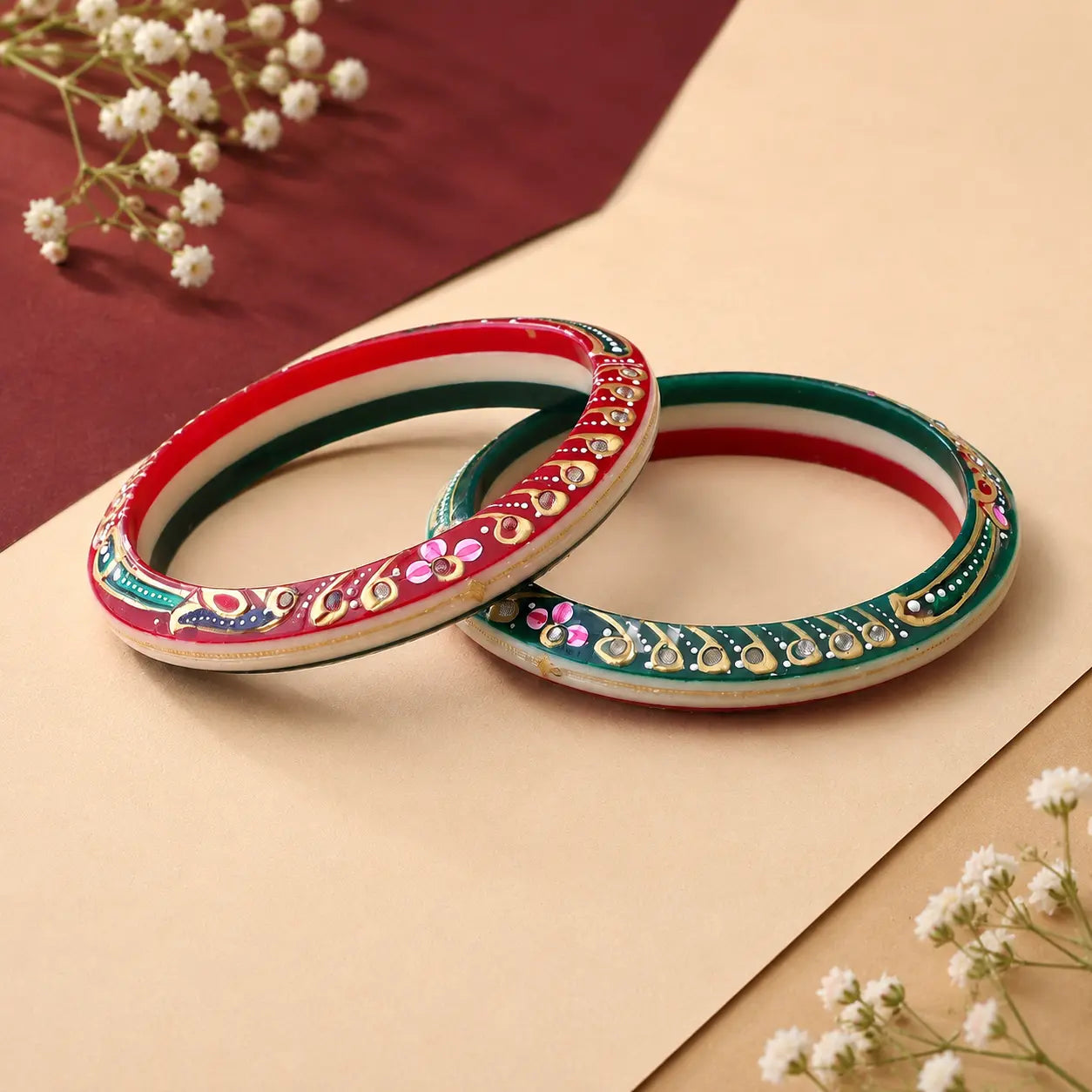 Handcrafted Rajasthani Bangles Set – Red & Green Traditional Ethnic Jewelry for Women
