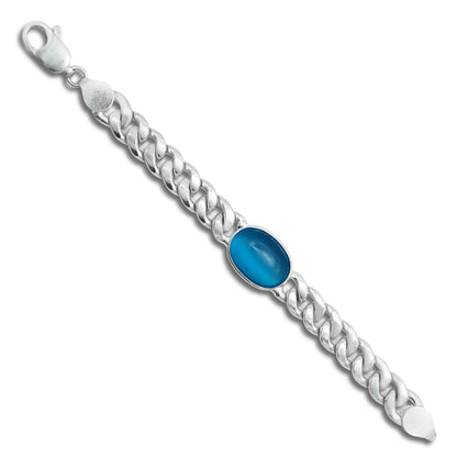 Stylish men's silver bracelet featuring a center blue stone and chain design