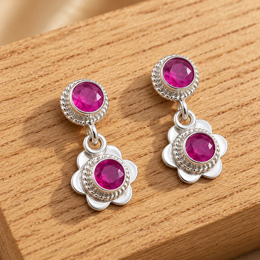 Silver Bloom Ruby Earrings