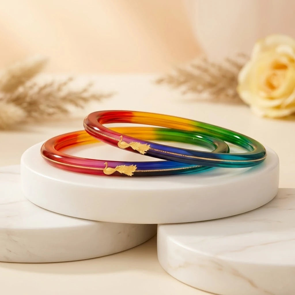 Rainbow Gradient Resin Bangles with Gold Peacock