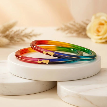 Rainbow Gradient Resin Bangles with Gold Peacock
