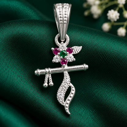 Silver Krishna Flute Pendant Flower with Multicolor Stone for Women