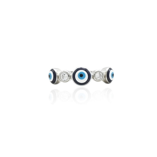 Silver ring featuring a delicate evil eye design, offering protection and elegance in one stylish accessory