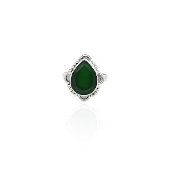 Silver ring featuring a motif design with a green crush gemstone.