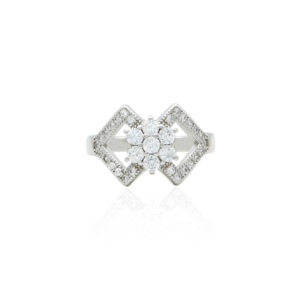 Elegant silver ring featuring linked rectangles and floral design elements.