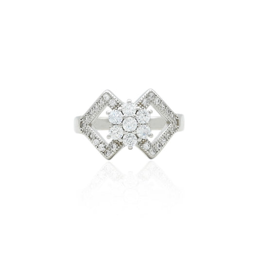 Elegant silver ring featuring linked rectangles and floral design elements.