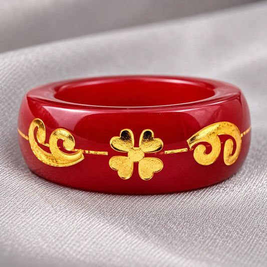 Red Resin Lucky Clover Ring with Gold Inlay – Vintage Minimalist Band Ring