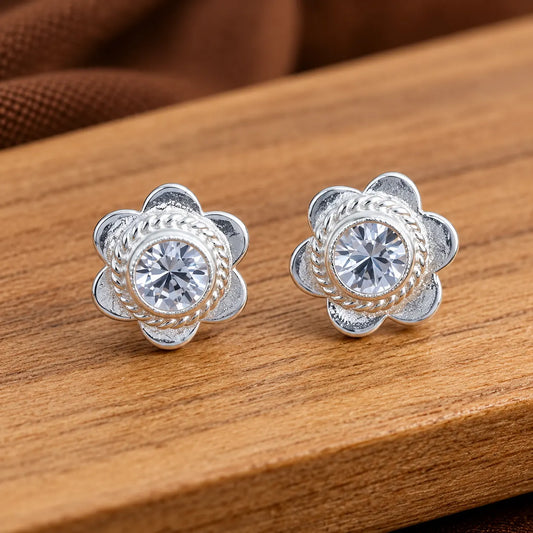 Elegant Floral Silver Stud Earrings with Sparkling Stone