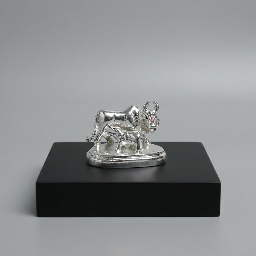 Kamdhenu Cow and Calf Idol - Beautiful Silver Polished Decorative Statue