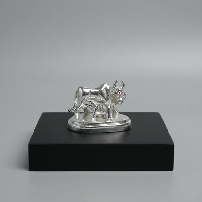 Kamdhenu Cow and Calf Idol - Beautiful Silver Polished Decorative Statue