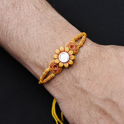 Silver Center Ganesh Ji with Wooden Theme Flower Design Rakhi for Boys