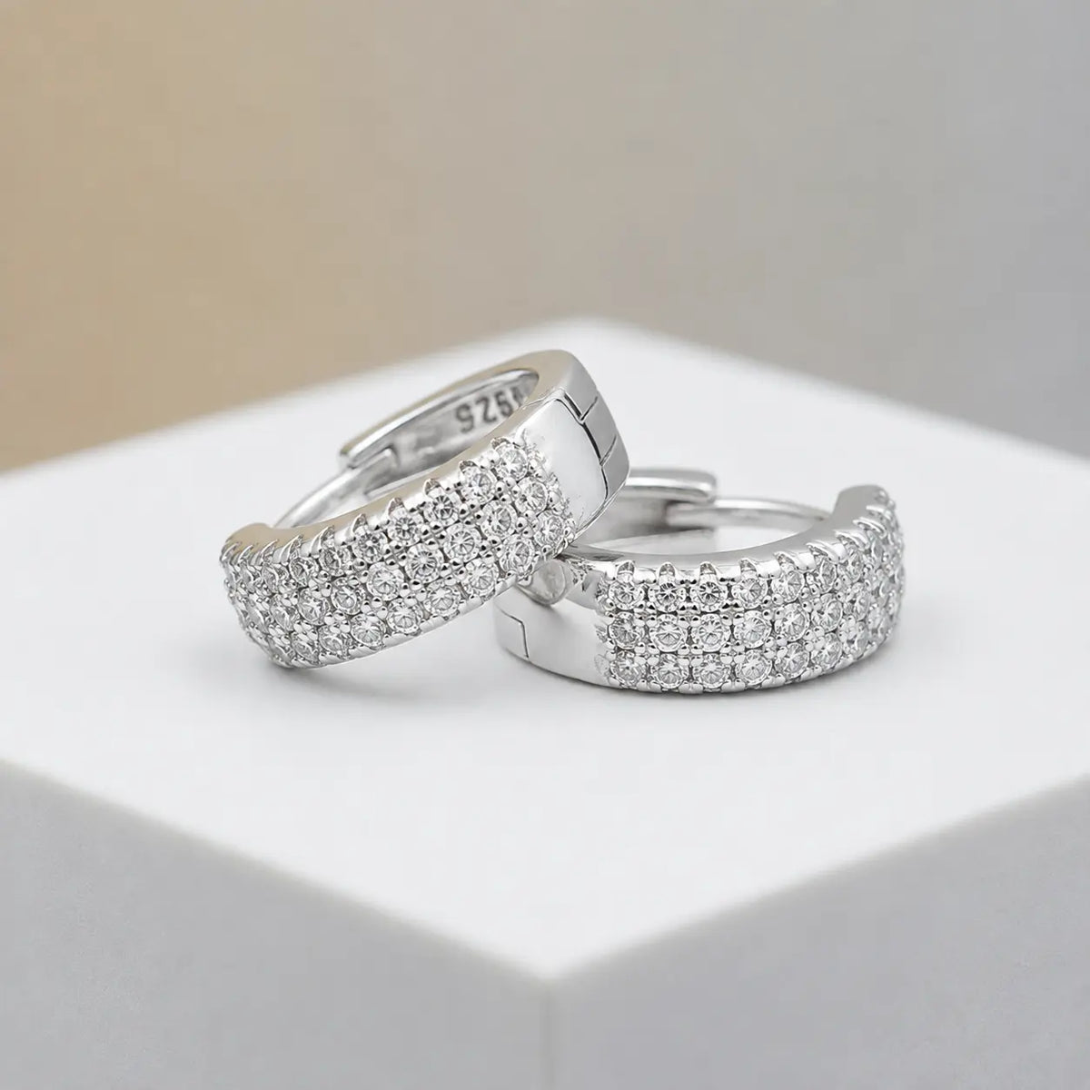 Silver Triple-Row CZ Hoop Earrings