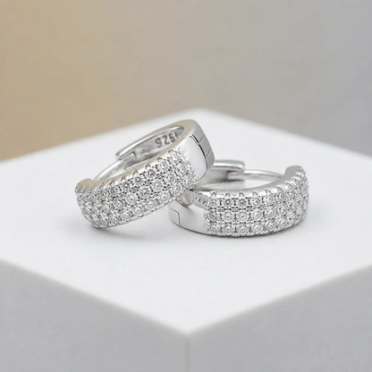 Silver Triple-Row CZ Hoop Earrings