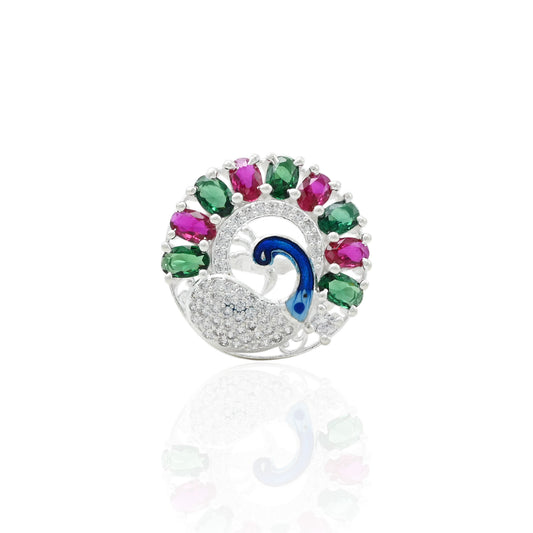 Silver 'Divine Love of Krishna' ring featuring a vibrant peacock design with colorful detailing.