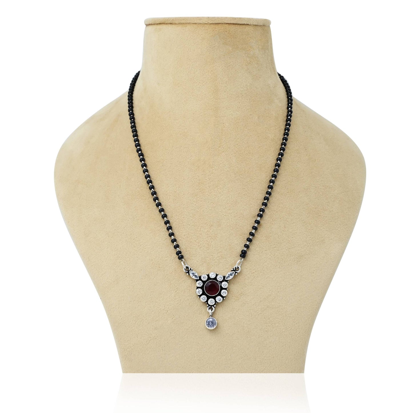 Sterling silver mangalsutra featuring a round maroon gemstone for a bold look