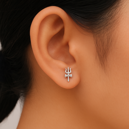 Silver Trishul Damru Divine Stud Earrings