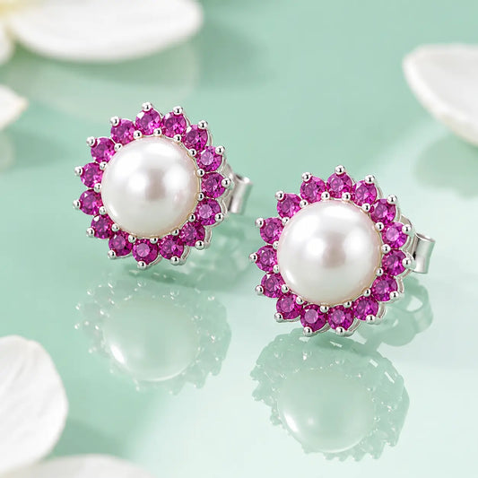 Silver Small Pink Stone on Edge Flower Design Earrings for Girls