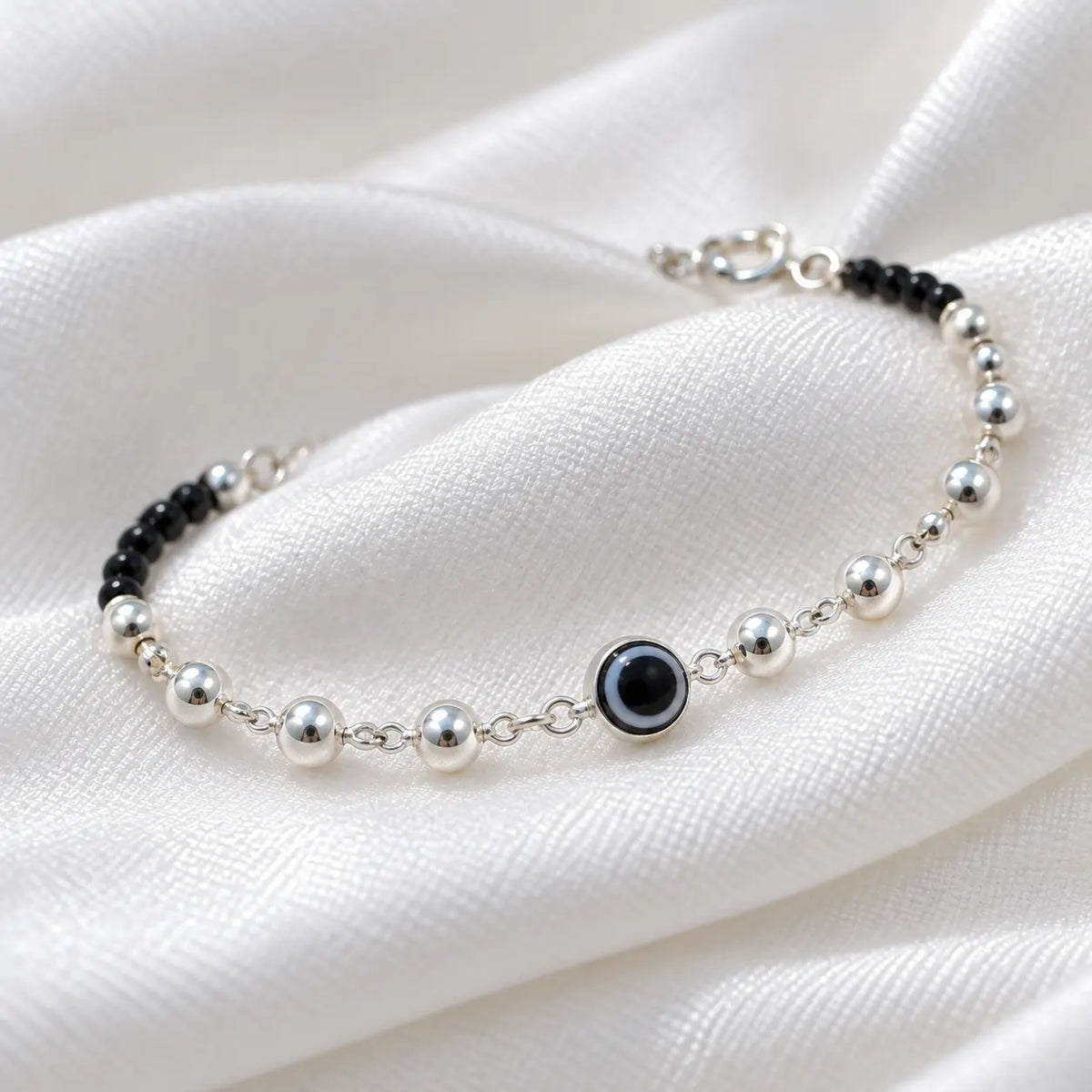 Black Evil Eye Bracelet With Black and Silver Beads For Girls