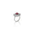 Elegant silver ring featuring heart-shaped red gem.