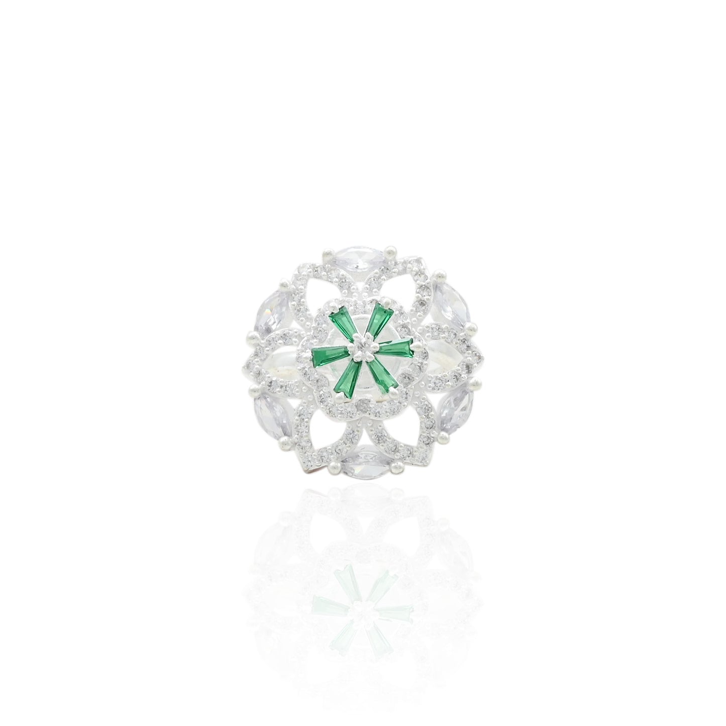 Silver ring featuring a combination of shiny green and white stones, offering a stunning and elegant accessory.