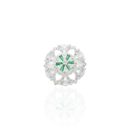 Silver ring featuring a combination of shiny green and white stones, offering a stunning and elegant accessory.