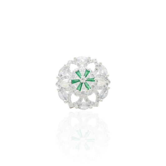 Silver ring featuring a combination of shiny green and white stones, offering a stunning and elegant accessory.