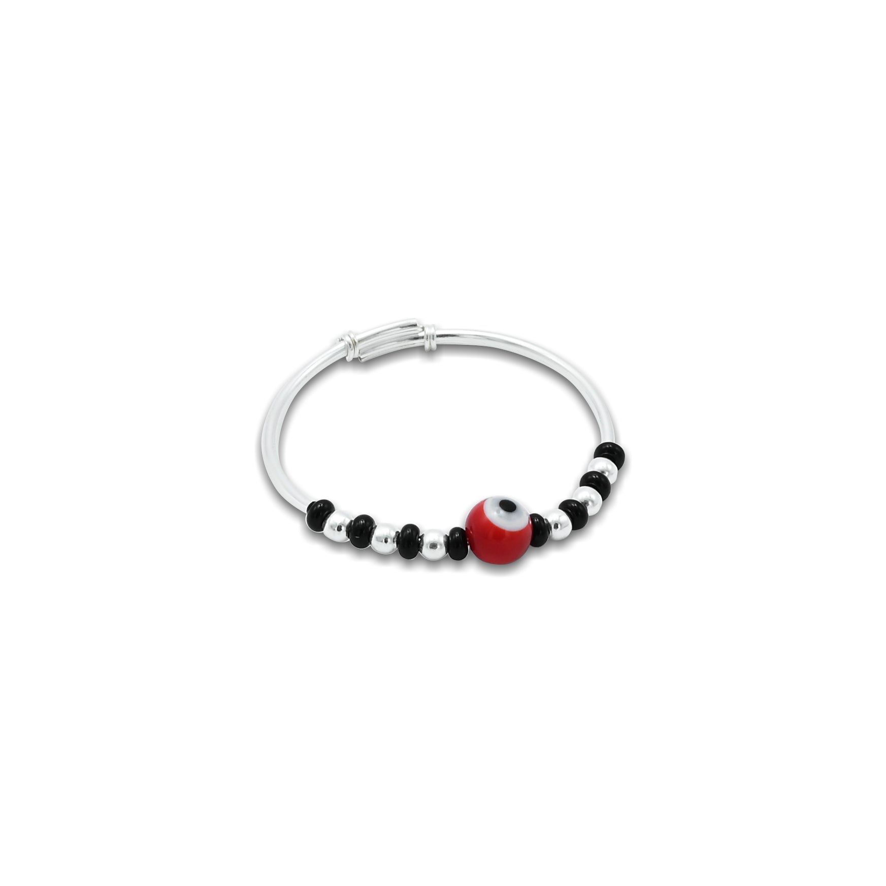 Elegant silver baby kada featuring black beads and an evil eye charm