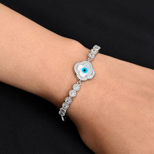 Elegant silver sterling bracelet for girls featuring a protective evil eye charm