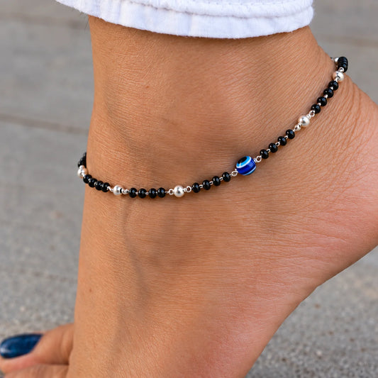 Silver Black Evil Eye with Black and Silver Beads Payal