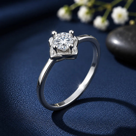 Sterling Silver Square Flower Solitaire Ring for Women