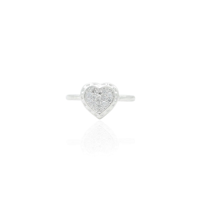 Silver ring with a heart-shaped design symbolizing passion.