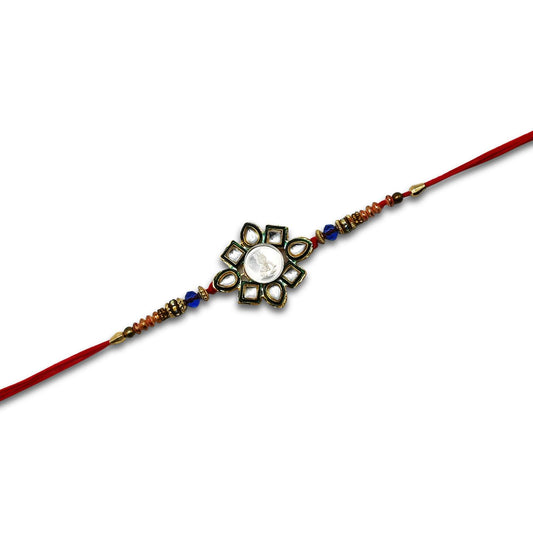 Silver Center Baal Gopal Flower Design with Multi Color Beads Rakhi for Boys