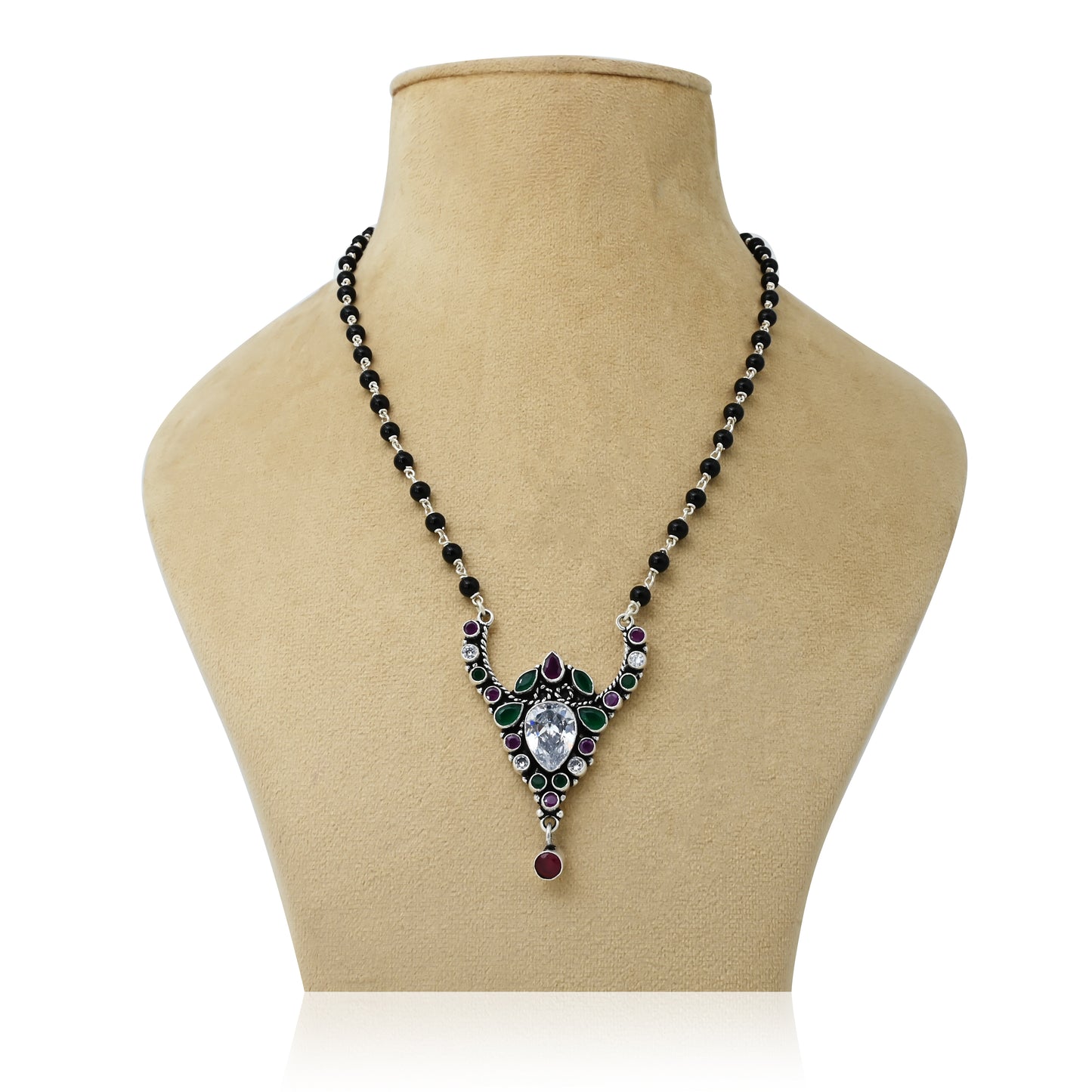 Elegant silver mangalsutra for girls featuring a drop design with green and purple gemstones