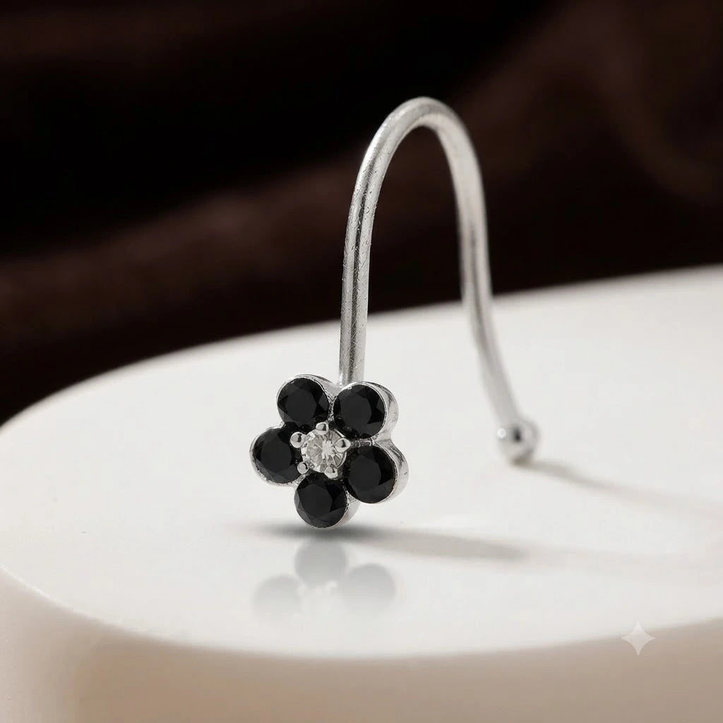 Silver Black Gem Stone Flower Design Nosepin for Girls