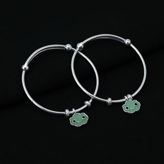 Sterling Silver Baby Kada with Vintage Green Smiley Charm - Perfect for Newborns