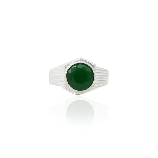 Silver men's ring featuring a deep vivid emerald green gemstone, offering a bold and luxurious touch