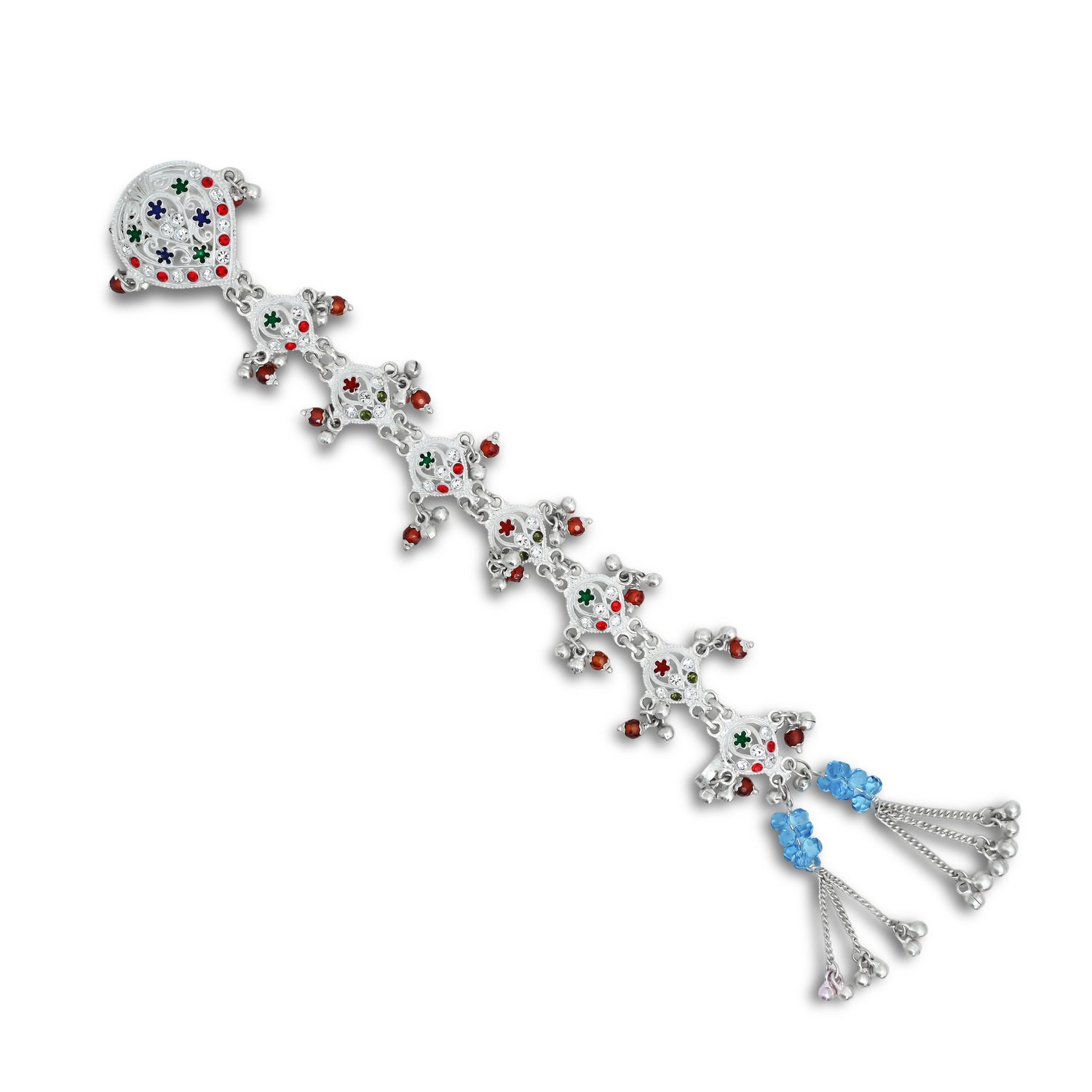 Silver choti for girls featuring vibrant red and green gemstone accents