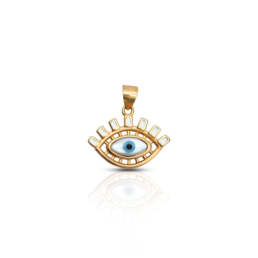 Silver pendant with gold polish featuring an evil eye design