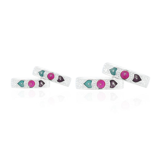 Stylish silver toe rings with colorful sharp design accents, ideal for adding a pop of color