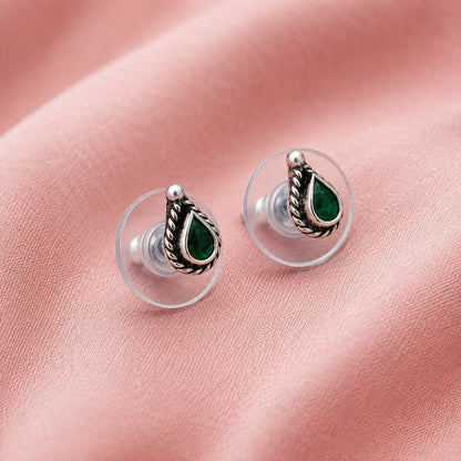 Classic Green Drop Stud Silver Earrings