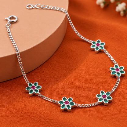 Silver Floral Charm Bracelet with Green & Pink Stones for Women