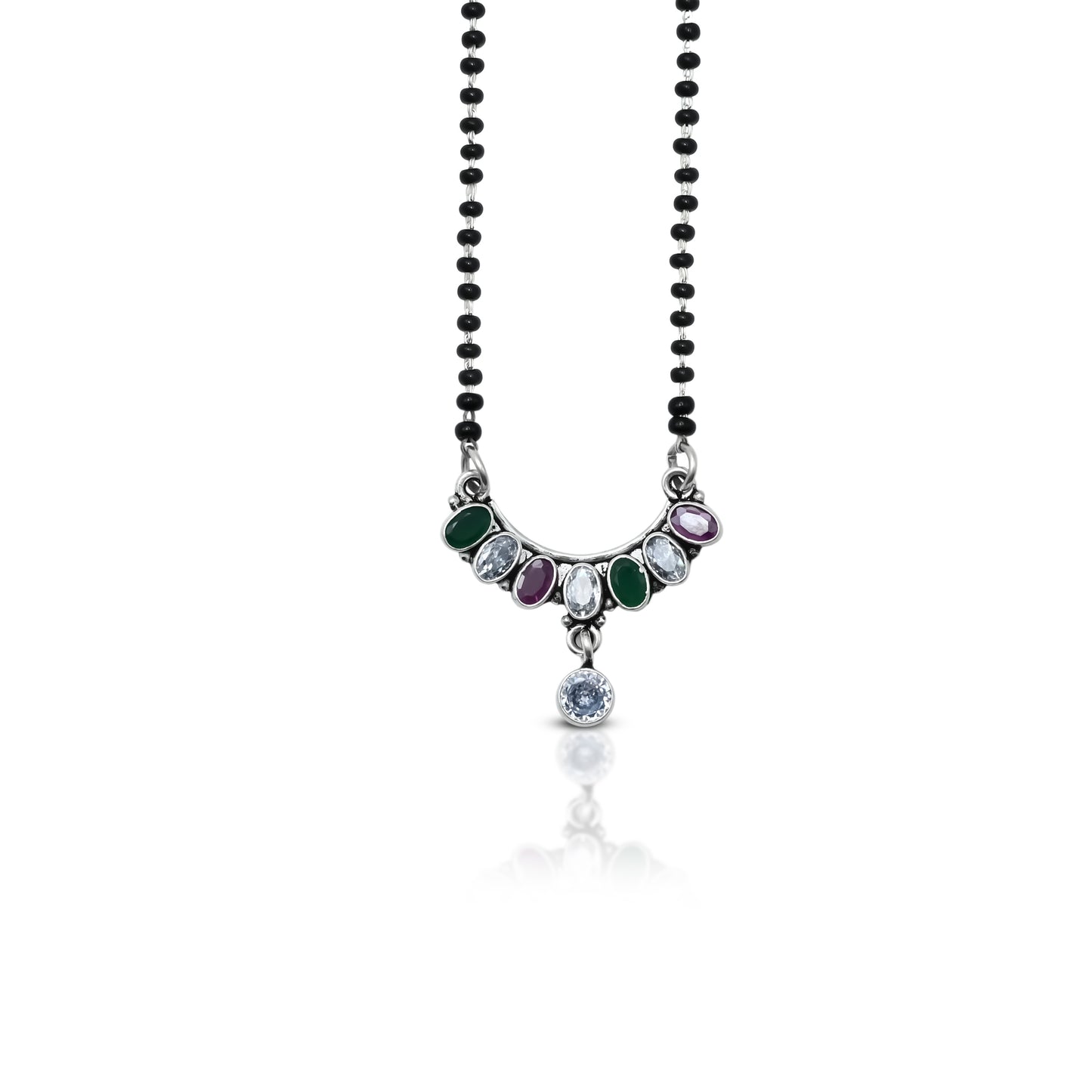 Elegant sterling silver mangalsutra with a bow design, adorned with purple and green stones