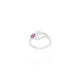 Elegant silver ring with a pink flower and loop pattern.