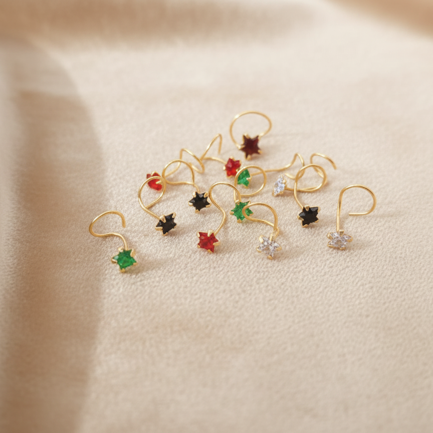 (13 Pcs ₹999 combo) Gold Polish Nose Pin with Star Multicolour Stones