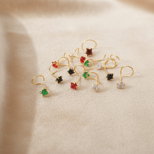 (13 Pcs ₹999 combo) Gold Polish Nose Pin with Star Multicolour Stones