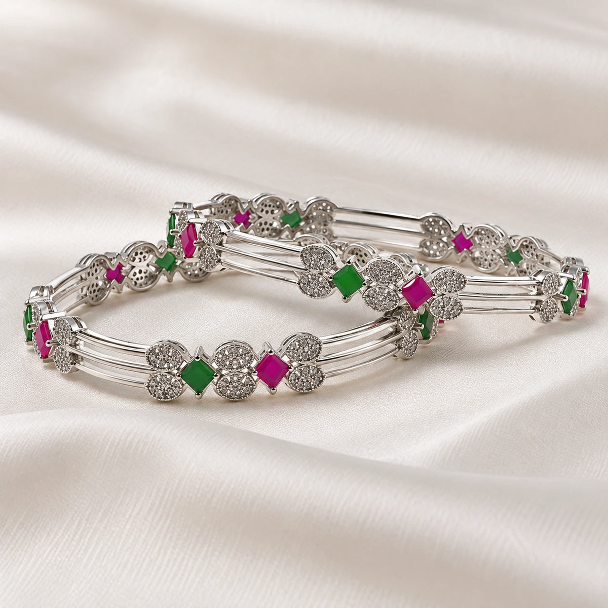 Charming Silver Bangles Set Featuring Gemstones
