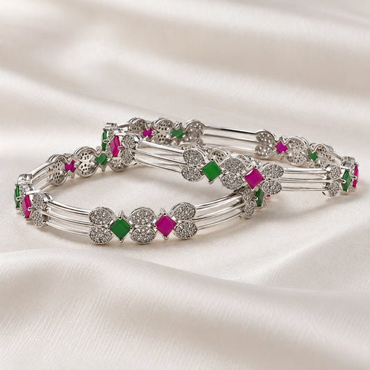 Charming Silver Bangles Set Featuring Gemstones