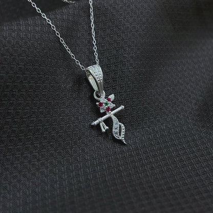Silver Krishna Flute Pendant Flower with Multicolor Stone for Women